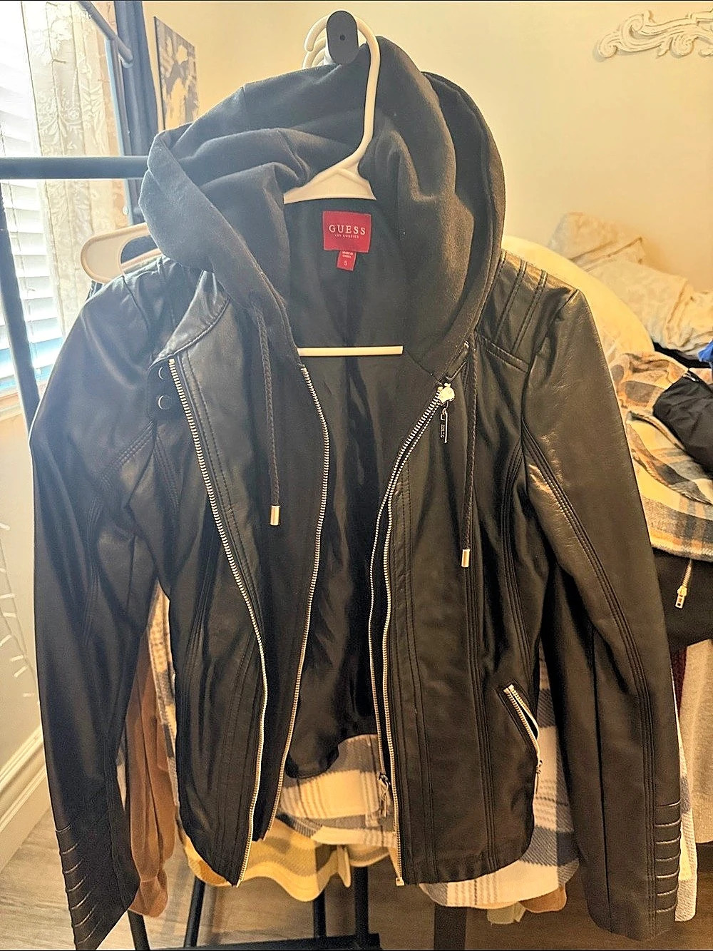 GUESS Faux Leather Moto Jacket with Removable Hood Black Small
